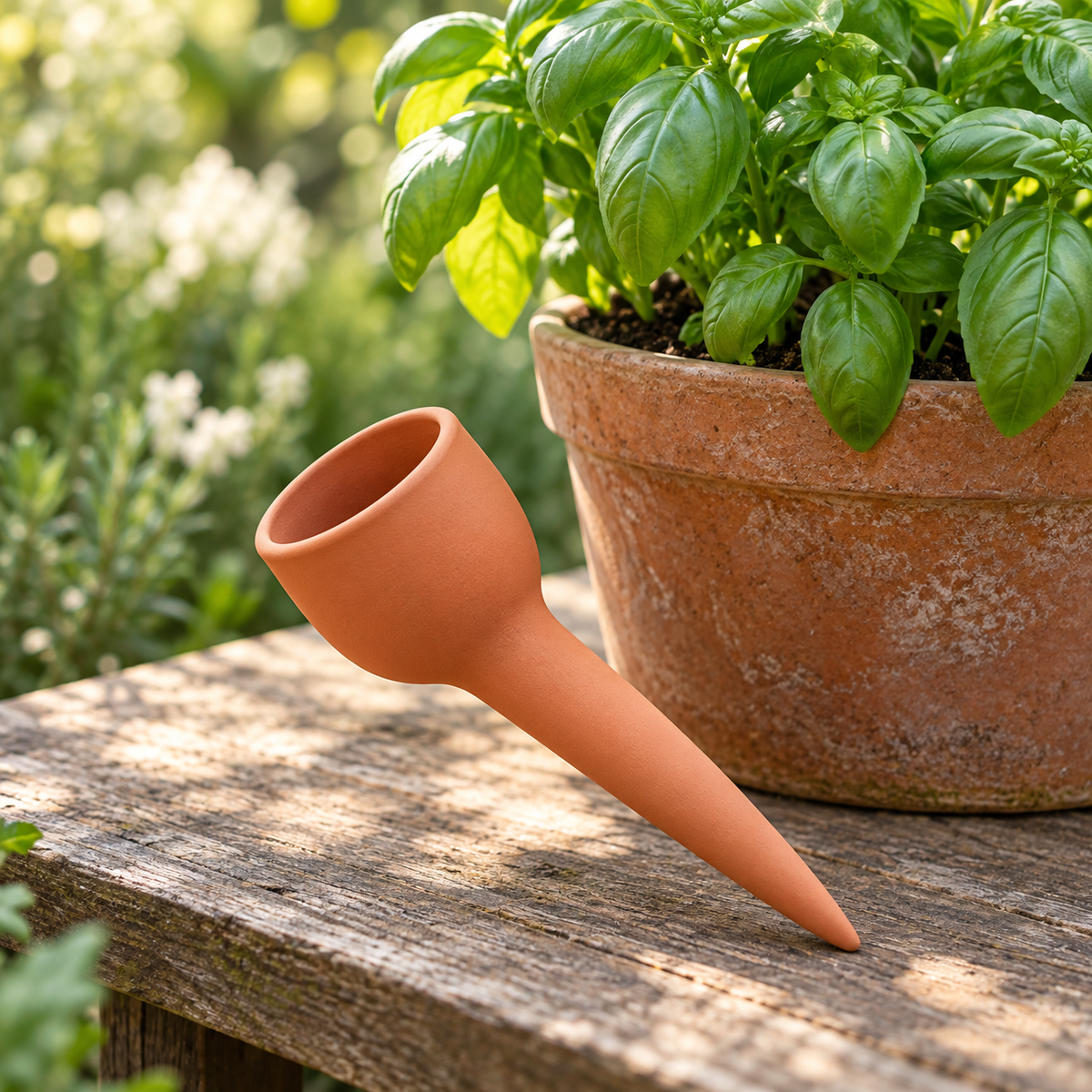 Freshvist drip spike — AI-generated illustration; garden props not included