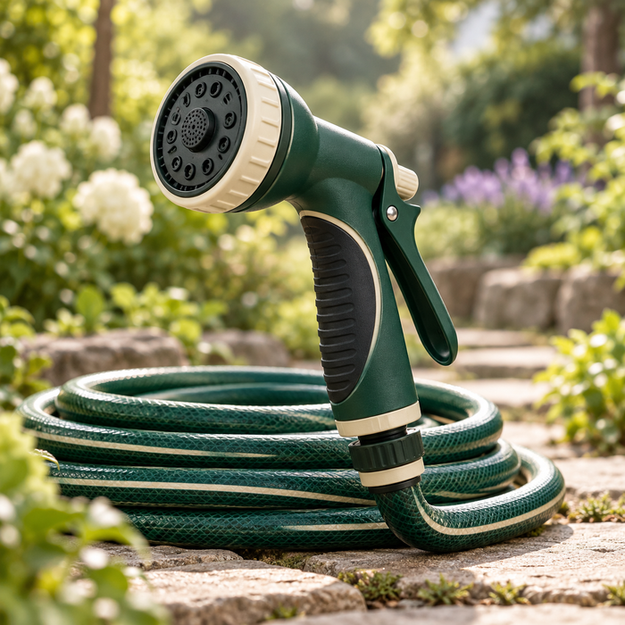 Freshvist hose nozzle — AI-generated illustration; garden props not included