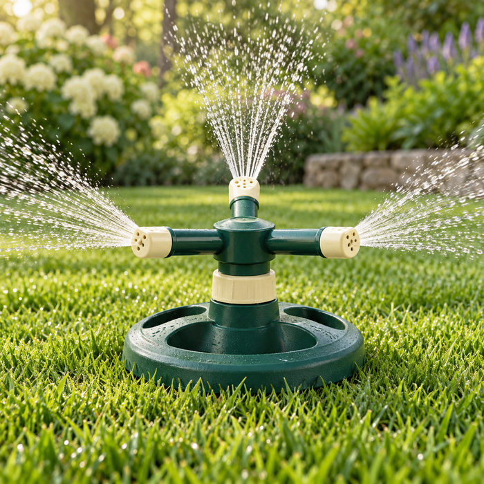 Freshvist rotary sprinkler — AI-generated illustration; garden props not included
