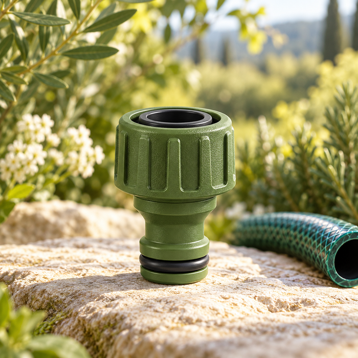Freshvist hose connector — AI-generated illustration; garden props not included