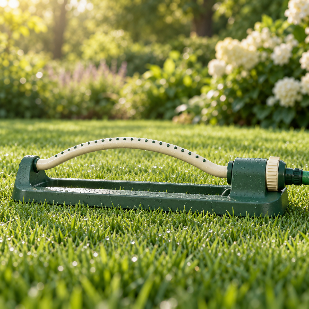 Freshvist oscillating sprinkler — AI-generated illustration; garden props not included