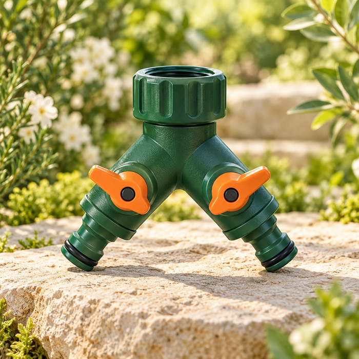 Freshvist tap splitter — AI-generated illustration; garden props not included